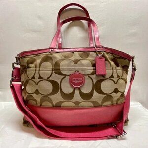 Coach Signature Stripe F17443 Travel Tote Pink Khaki Weekender Large Baby Bag